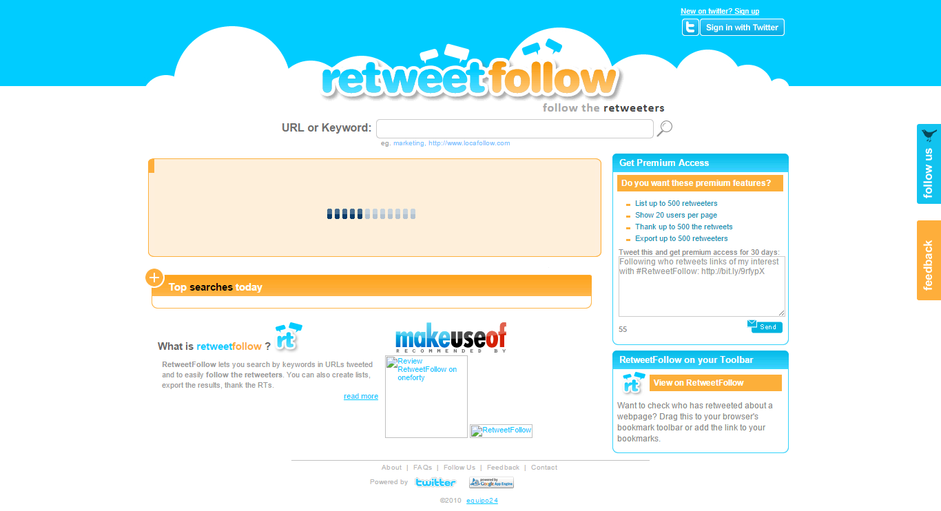 RetweetFollow lets you search by keywords in URLs tweeted and to easily follow the retweeters